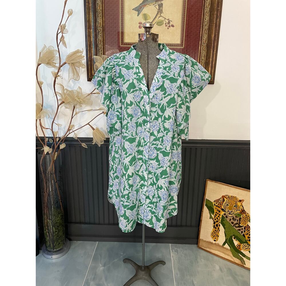 J.Marie The Merrit Green Floral Cotton Tunic Dress XL Split Neck Short Sleeve